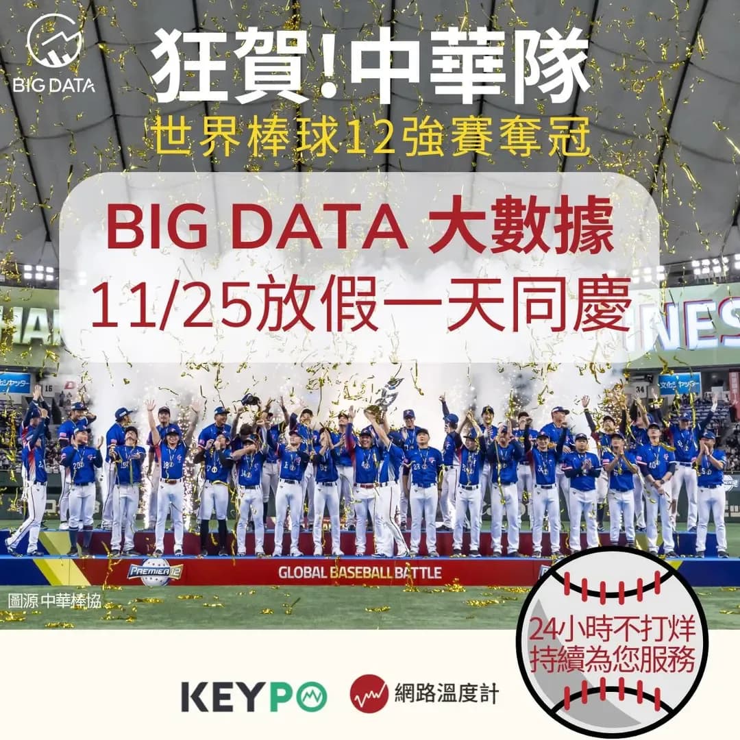 2024年WBSCプレミア12で中華台北代表が初優勝を達成。BIG DATAでも「優勝記念特別休暇」を実施